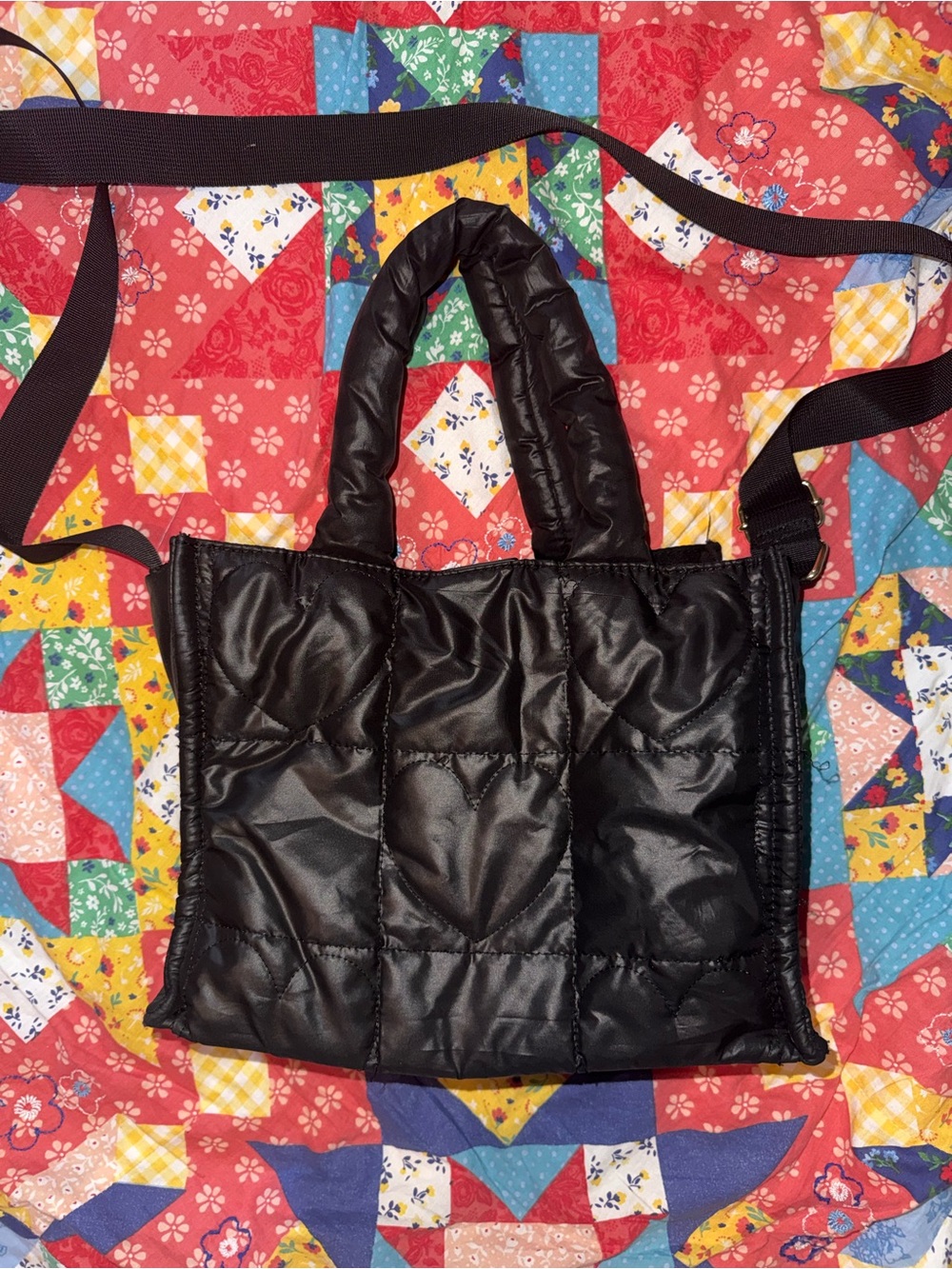 Black Quilted Puffer Shoulder Bag with Removable Strap